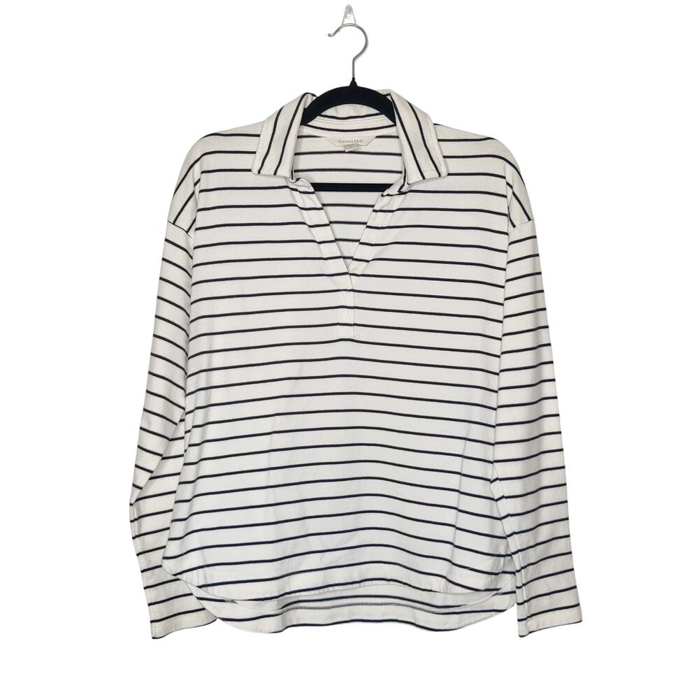 Garnet Hill Vintage Knit Organic Cotton Polo Shirt White Black Stripe Mediuma